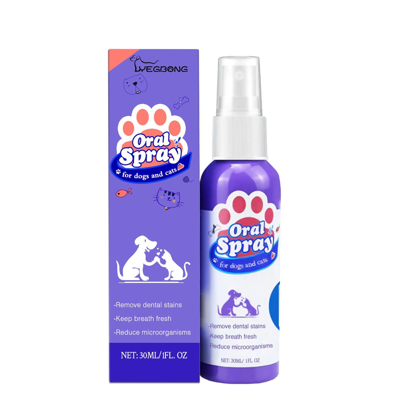 Oral spray for dogs and cats with packaging on a white background