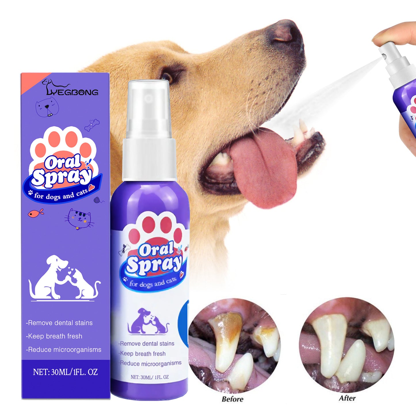 Dog using oral spray with packaging and before/after images of teeth on a white background