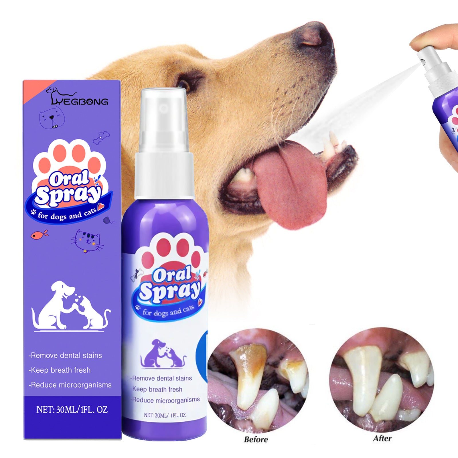 Dog using oral spray with packaging and before/after images of teeth on a white background