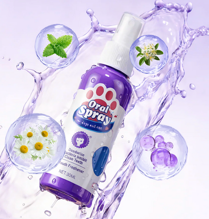 Oral spray bottle with a purple and white design on a light purple background with water droplets and floral elements.