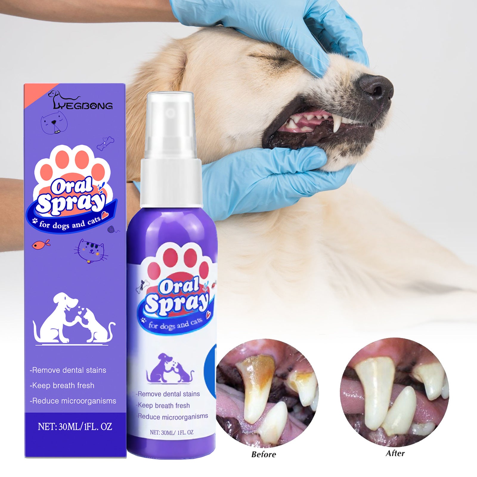 Oral spray for dogs and cats with packaging and a dog receiving the treatment.